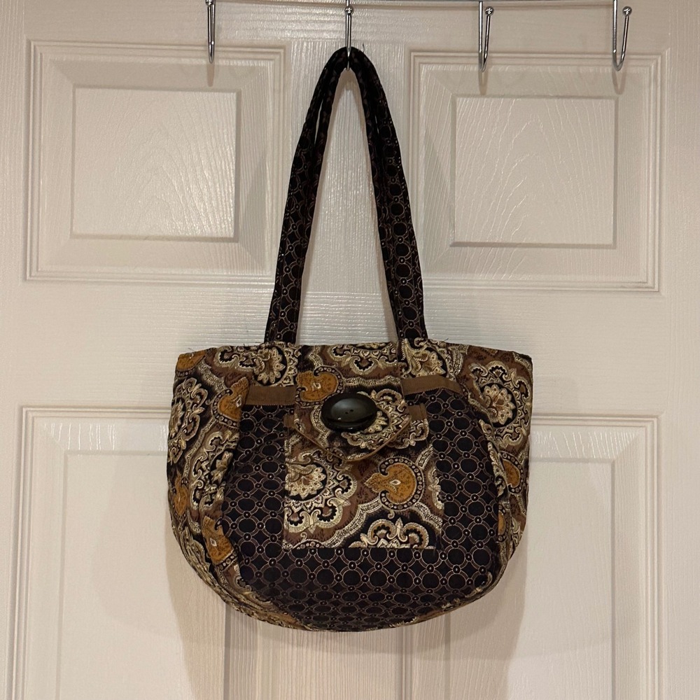 Handmade Quilted Paisley Cotton Shoulder Bag Brown Boho Tote Large Button Accent
